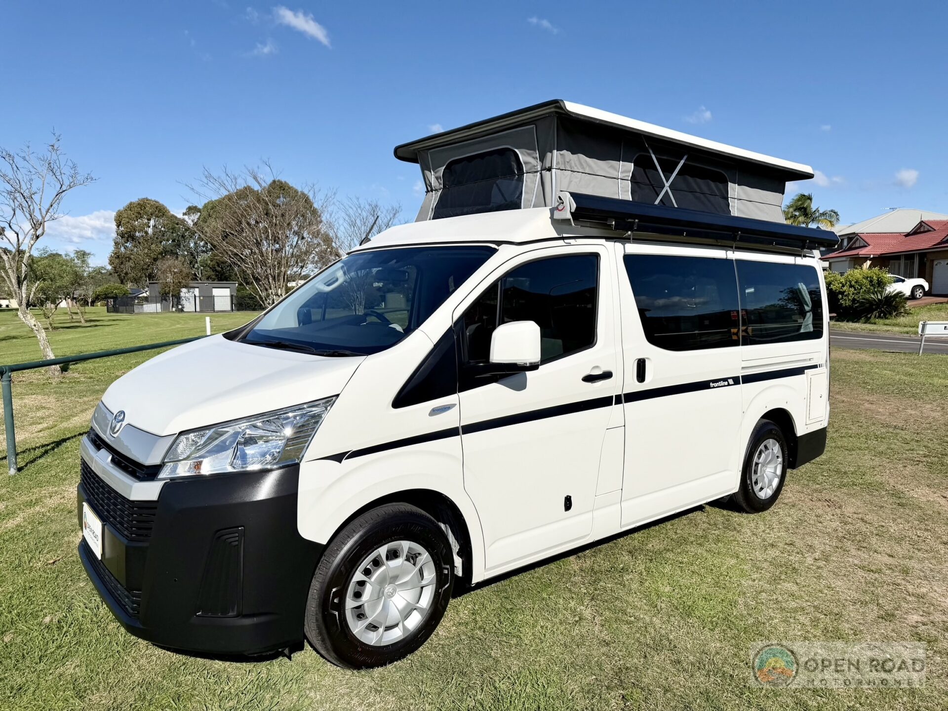 2020 Toyota Frontline Hiace Avalon 1 motorhome – exterior passenger side front at 45 degrees roof up HERO (Stock #1496)