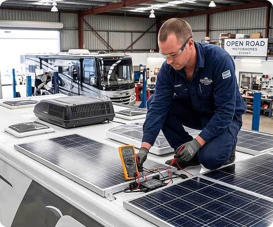 Diagnosing motorhome solar wiring faults with a multimeter.